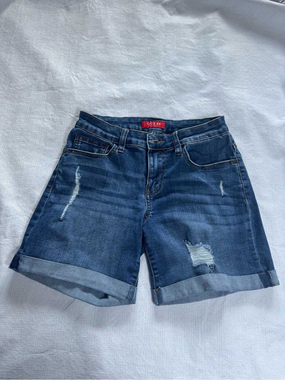 GUESS Blue Distressed Rolled-Hem Denim Bermudas 27